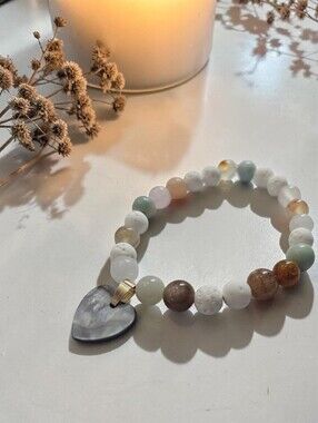 Natural Beaded Bracelet, Heart Charm Mother Of Pearl, Multi-Color Natural Beads